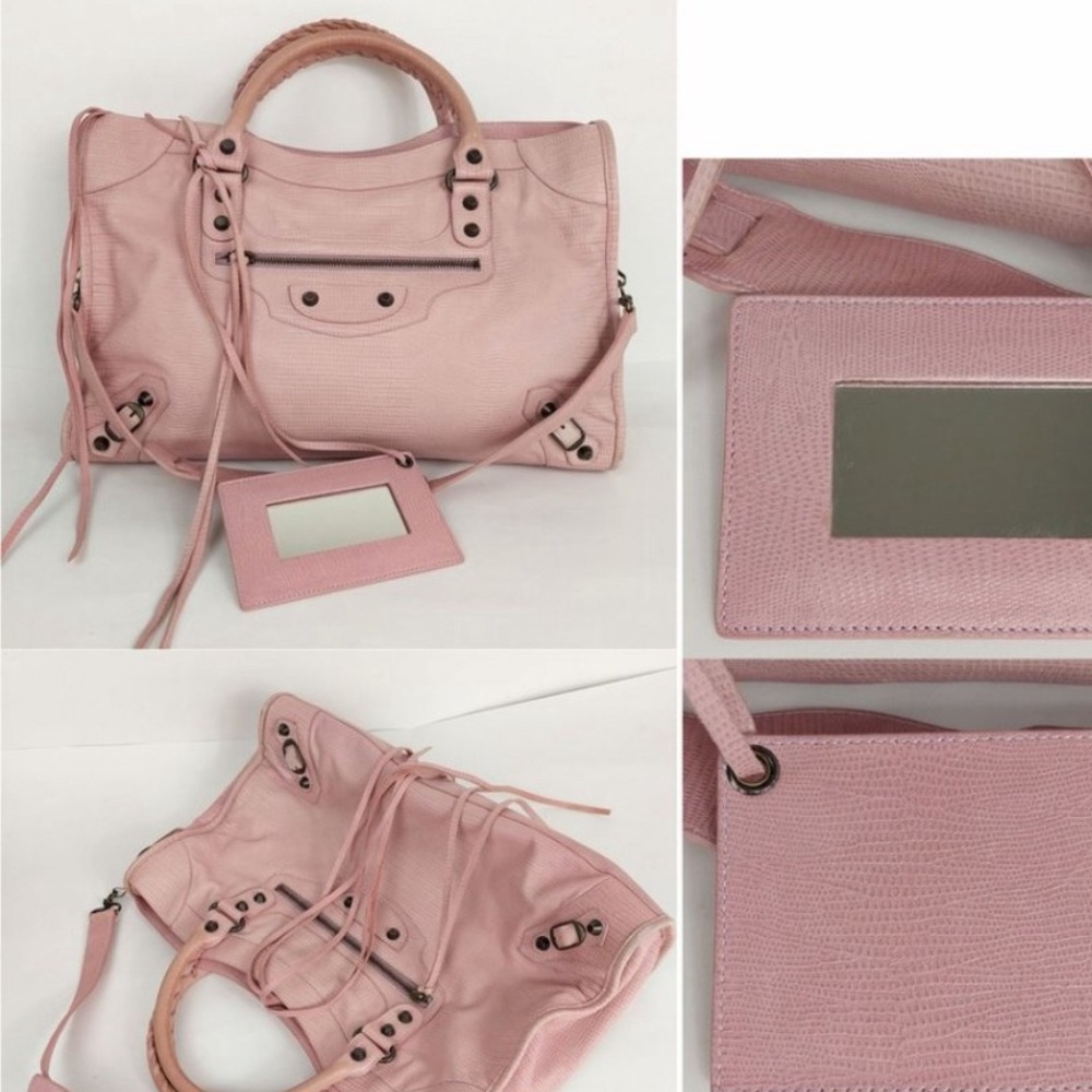 Balenciaga Anniversary Edition Pink Lizard Embossed City Moto Bag Authentic